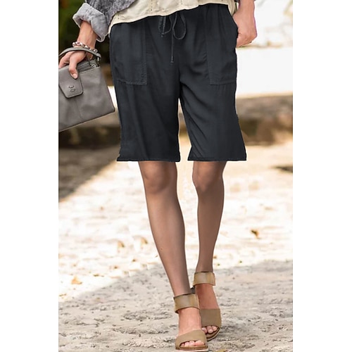 Damen Shorts aus Baumwollleinen Baumwoll Mischung Shorts Stoffhosen Streetwear Lässig Kurz Natürliche Taille Einfach Tasche Elastisches Kordelzugdesign Bequem Außenbereich Straße Alltagskleidung Image