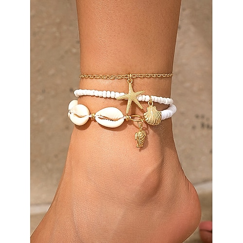 Bohemian Beach Fußkettchen-Set – handgefertigte Fußkettchen aus türkisfarbenen Perlen mit Muschel-, Seestern- und Conch-Anhängern, Sommer-Fußschmuck für Frauen, Urlaubs- und Festival-Accessoires