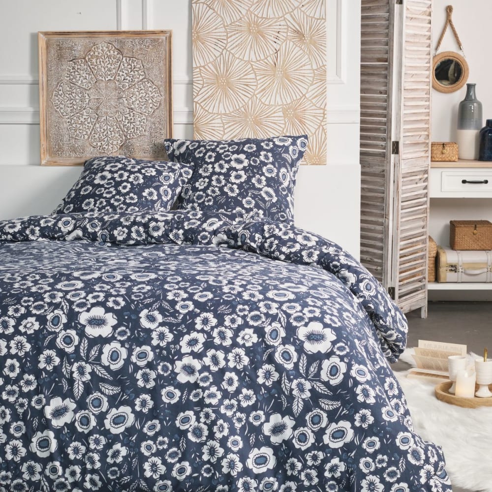 Parure de lit imprimé Floral coton 240x220cm Bleu