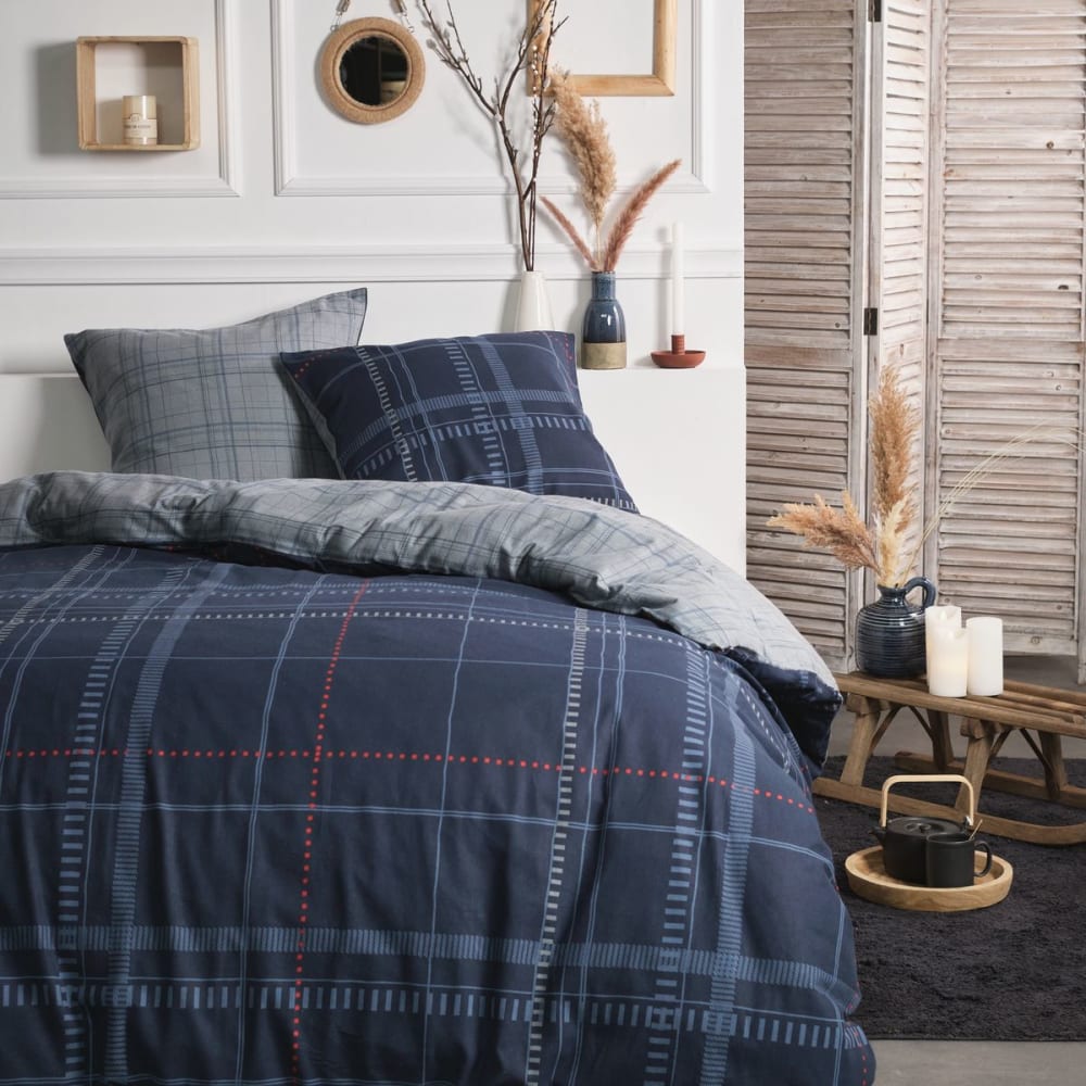 Parure de lit imprimé A carreaux coton 240x220cm Bleu