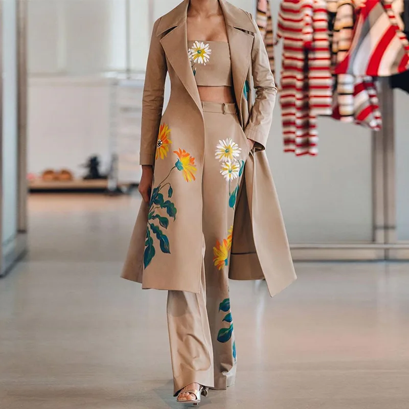 Abito da pendolarismo da donna da ufficio Moda risvolto Giacca a vento extra lunga Stampa Top Bottoni Pantaloni con fondo a campana Set da tre pezzi Autunno Nuovo