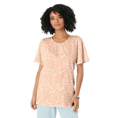 Plus Size Women's Flutter-Sleeve Textured Tee by Roaman's in Peach Painted Vines (Size 30/32)