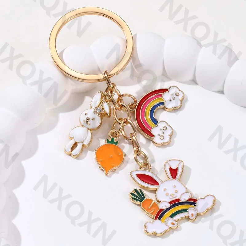Niedlicher Kaninchen-Regenbogen-Karotten-Emaille-Schlüsselanhänger, schöne Tiere, Gemüse-Schlüsselanhänger für Frauen und Männer, Freundschaftsgeschenk, handgefertigtes Schmuckset Image