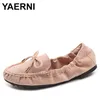 Wildleder-Fliege-Mokassins für Damen, weicher Boden, faltbare Wohnungen, runde Zehen, bequeme Schuhe für Schwangere, Damen-Slipper mit Schleife, große Größe 43