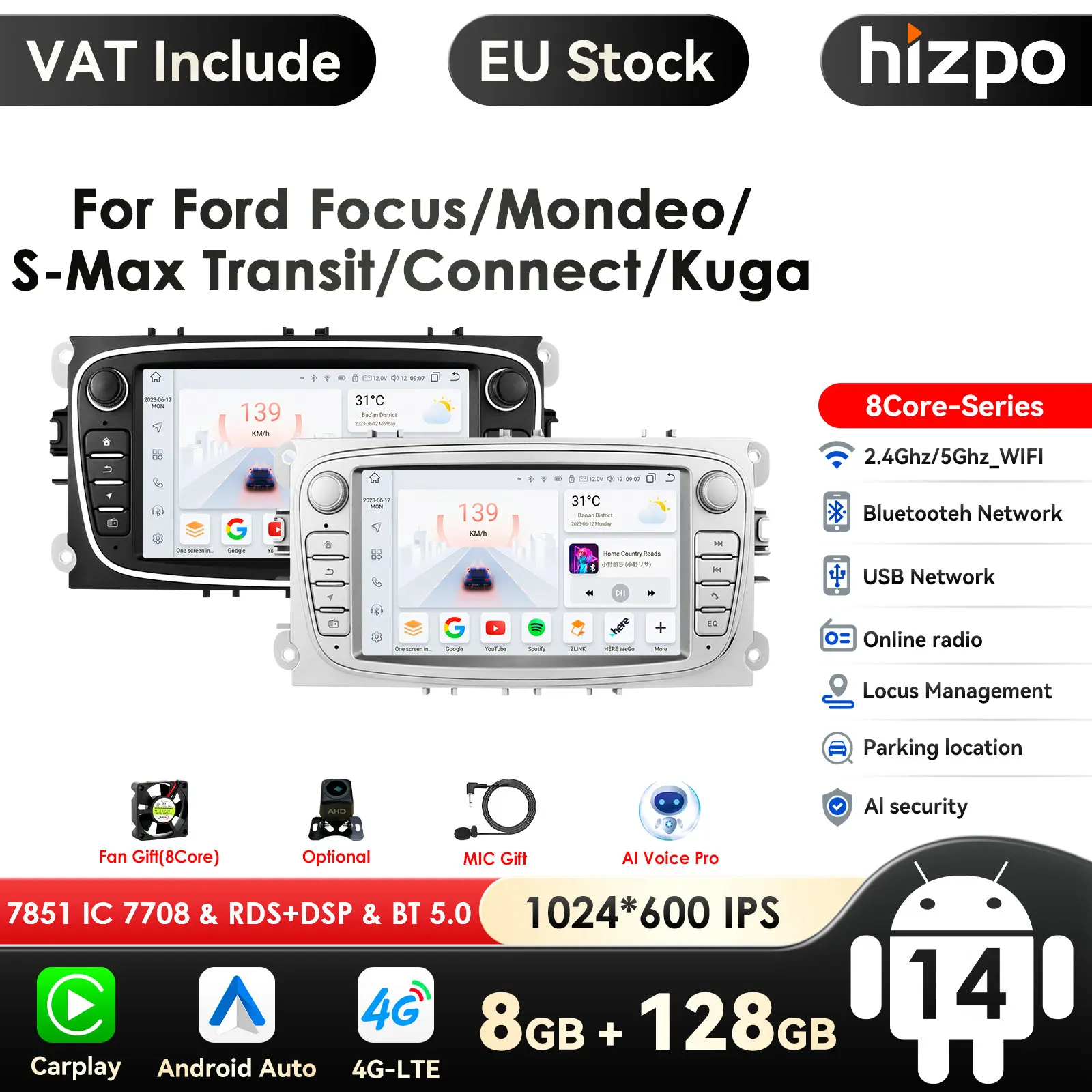 8 + 128 DSP 2Din Android 14 Autoradio für Ford Focus S-Max Mondeo 9 Galaxy C-Max Autoradio Multimedia Video Player Navigation GPS Image