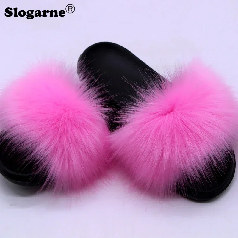 Frauen Sommer Neue Faux Fuchs Fell Hausschuhe Plus Größe Frau Luxus Pelzigen Rutschen Mädchen Haus Schuhe Innen Pelz Rutschen Flauschigen Flip-Flops