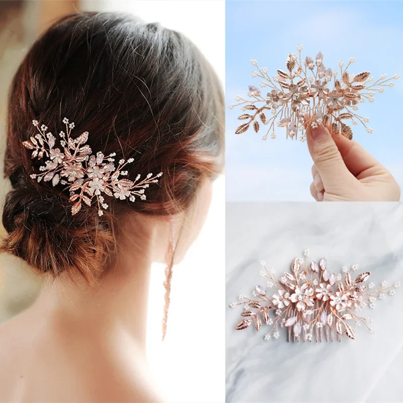Roségold Farbe Kristall Perle Blume Blatt Haarkamm Clip Haarnadel Stirnband für Frauen Braut Image