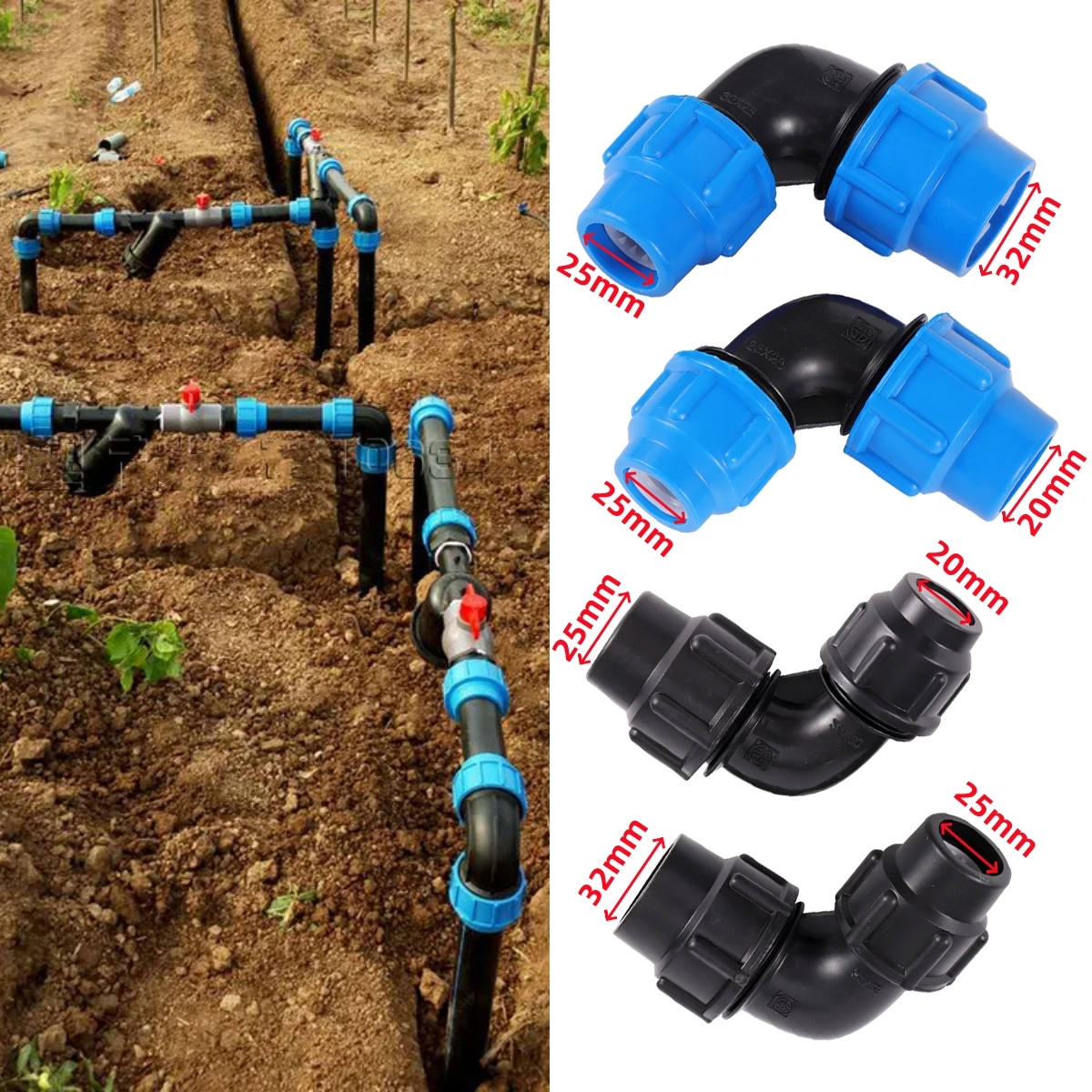 Pe 90 ° Winkel reduzierender Schnell anschluss 25mm bis 20mm/32mm bis 25mm Gelenk zubehör mit unterschied lichem Durchmesser Garten bewässerungs zubehör Image