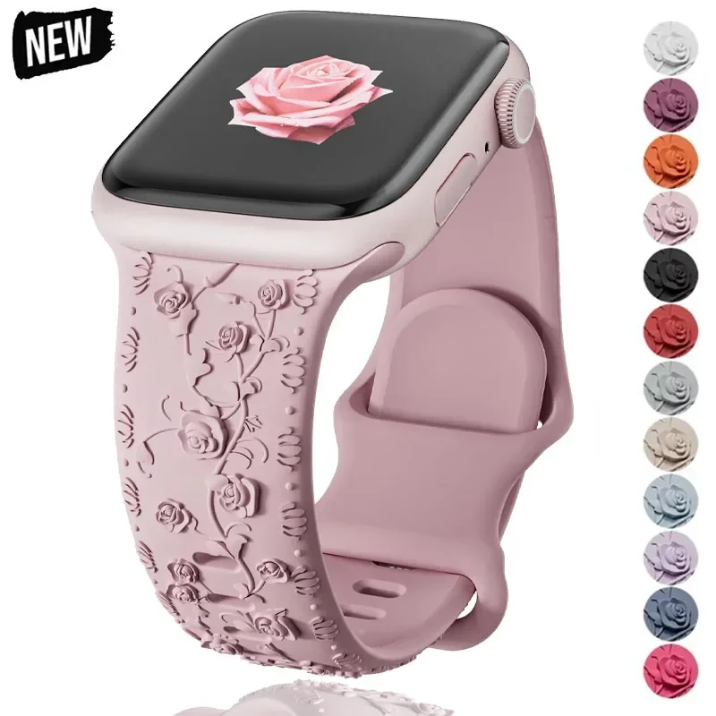 Graviertes Armband für Apple Watch Armband 46 44 mm 40 49 mm 45 mm 41 mm 42 mm Floral Silikon Correas Iwatch Ultra 2 Serie 10 9 8 7 6 SE 5 Image