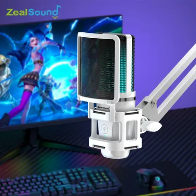 Zealsound RGB USB Gaming Microphone With Articulated Arm,White Computer Condenser Mic For PC Mac