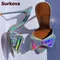Surkova Silver Hologram Iridescent Sandals Patent Leather Big Bowtie Sharp Toe Modern High Heel