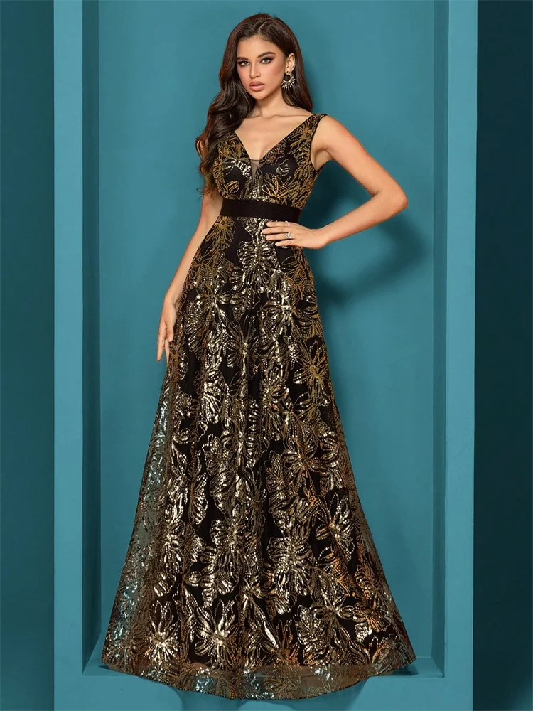 Abiti da sera blu con paillettes sexy con scollo a V profondo di lusso Abito da cocktail lungo da ballo con scollo a V elegante da donna