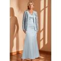 Elegantes Vintage-Zweiteiliges Meerjungfrau-Trompeter-Mutter der Braut Kleid V-Ausschnitt Ärmellos Bodenlang Satin Blumen Spitze bestickt Pailletten Langärmlige Jacke