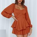 Damen Stylisches Freizeit A-Linien Mini Kleid mit langen Laternenärmeln und quadratischem Ausschnitt Rüsche normale Passform für Urlaub und Alltag.