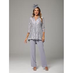 Eleganter V-Ausschnitt 3-teiliges Jumpsuit für die Mutter der Braut knöchellang aus Chiffon mit Spitzenhosenanzug 3/4-Ärmel und Paillettenbrosche.