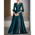 Elegantes A-Linien-Abendkleid für Hochzeitsgäste – formelles Black Tie-Cocktailparty-Kleid aus langärmligem Satin mit V-Ausschnitt und bodenlangem Kleid 2024