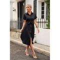 Damen Chic Boho Satin Kleid Klassischer Bohemia Stil Valentinstag Einfache Midi Hemdkleid Bindeband und elastischer Bund Klassischer Kragen Urlaub Party Outfit