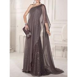 Elegantes Etuikleid für die Brautmutter einschultriges Cape-Kleid Partykleid für Hochzeitsgäste funkelnde Chiffonspitze ärmellose Falten und Pailletten Schleppe mit Pinselstrich 2024