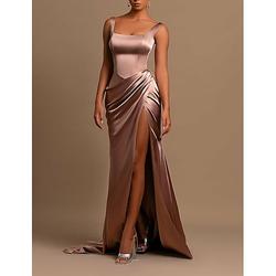 Elegantes Meerjungfrau-Trompeten-Abendkleid mit hohem Schlitz ärmellos U-Ausschnitt bodenlang Satin Brautjungfern-Cocktailpartykleid gerüschte Details beeindrucken bei 2024 Events