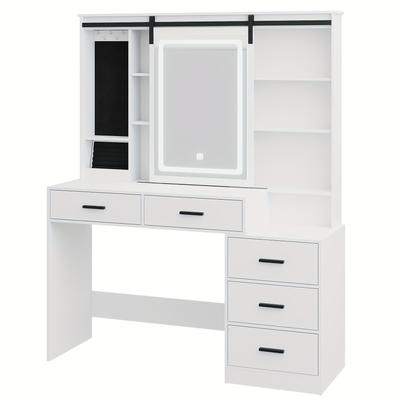 TEMU Vanity With Adjustable Led Lighting, Detachable Large Mirror, Jewelry Storage Cabinet, Open Shelf, 5 Drawers, Side Table, For Bedroom Use, White Image