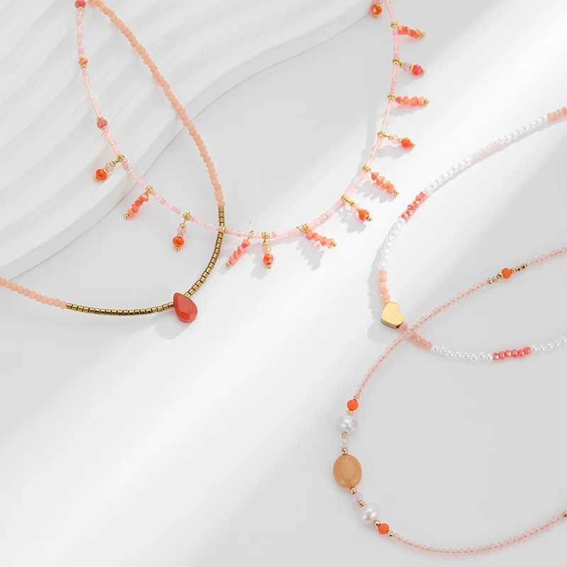 Loe | Schöne rosa Perlenkette für Frauen und Mädchen Böhmen Edelstahl Schmuck Gold Charm Großhandel Image