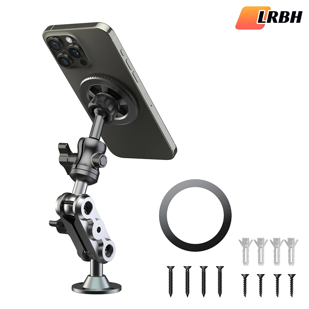 Verstellbarer, robuster Bohrfuß aus Aluminium, magnetischer Wandhalter für Wand-/Küchen-Wandhalterung/Auto-Halterung für Armaturenbrett für alle Telefone. Image