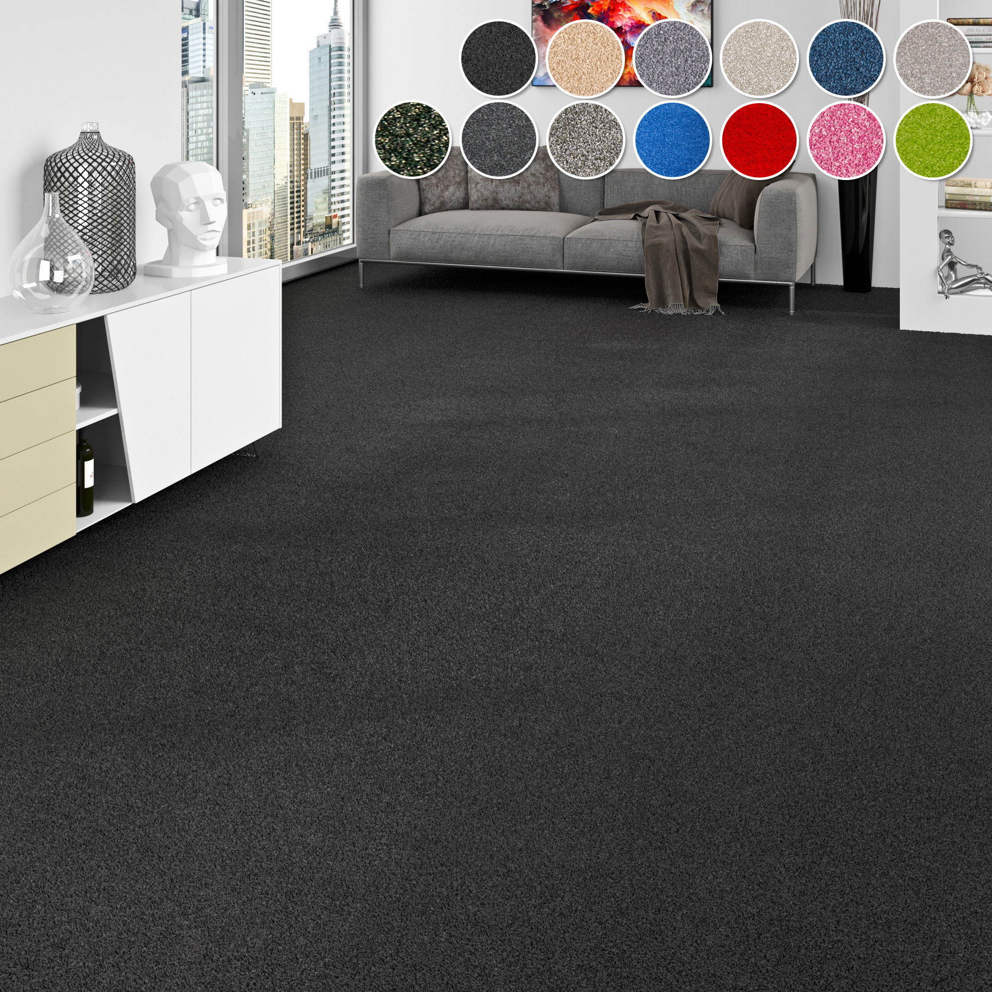Teppichboden MY HOME "Zephyra, Schlinge, Made in Netherlands", schwarz, B:400cm H:8mm L:725cm, Kunstfaser, Teppiche, Uni Farben, Breite 400 cm, strapazierfähig, Wohnzimmer, Schlafzimmer Image