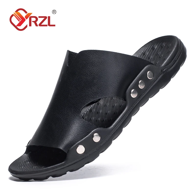 YRZL Sandalen Herren Leder Klassische Sommer Herren Hausschuhe Weiche schwarze Hausschuhe PU Leder Hausschuhe Leichte EVA Slides für Herren Image