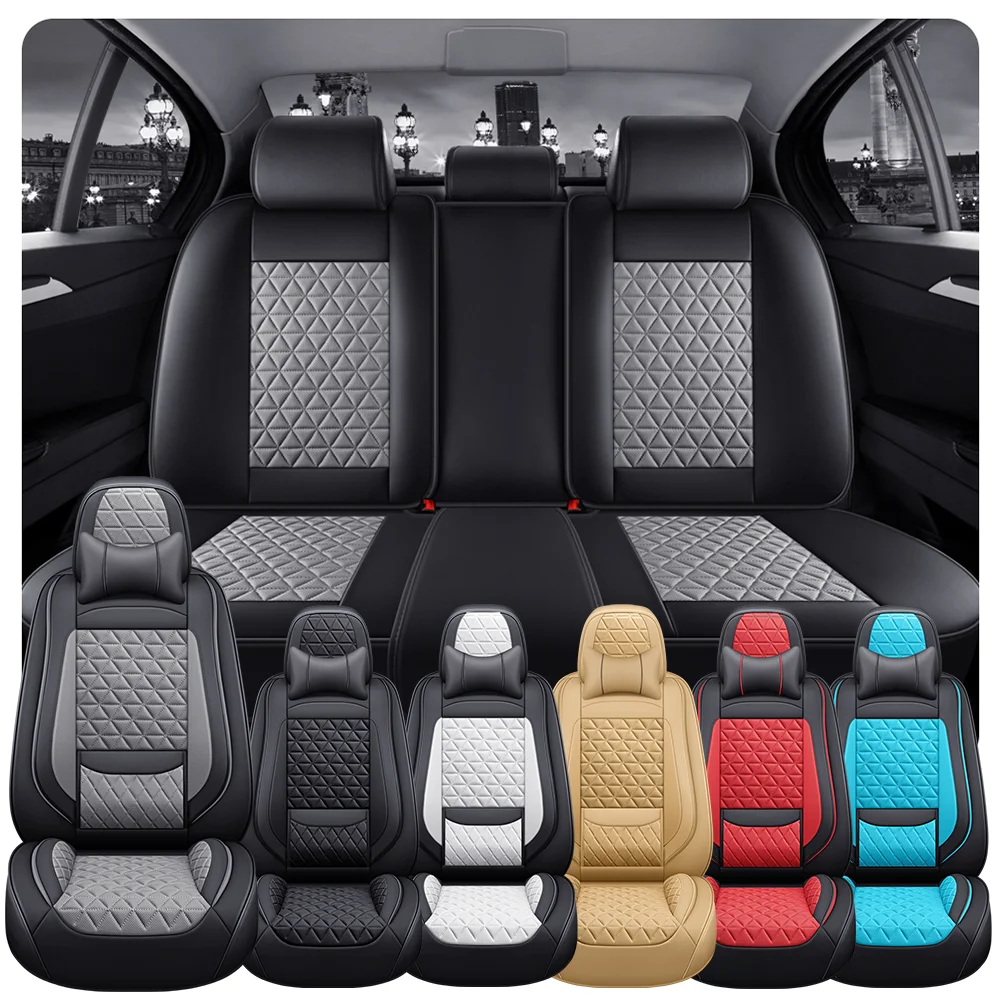 5-Sitzer Premium-Nappa-Leder 3D-Diamant-gesteppter Autositzbezug mit Kopfstütze und Lendenkissen, atmungsaktiv, für alle Jahreszeiten Image