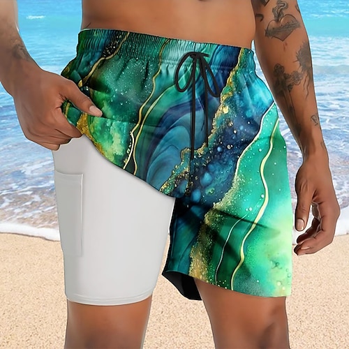 Herren Geometrisch Marmor Abstrakte Kunst Gefütterte Shorts 2 in 1 Badeshorts Badeshorts Mittlere Taille Hawaiianisch Urlaub Ferien Strandbekleidung Seitentaschen Mit Kompressionsfutter Elastischer Image