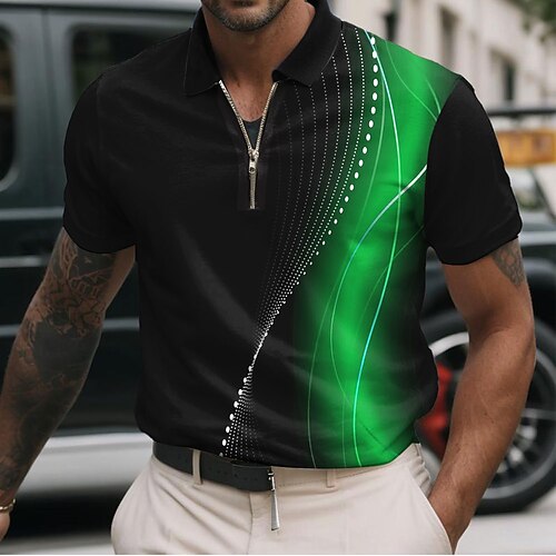 Herren Geometrisch Linie Poloshirts mit Reißverschluss Kurzarm Polo-Shirts Hemden mit Kragen Business-Casual Geschäft Athleisure Büro-Outfit Alltagskleidung 3D-Druck Sommer Rote Blau Purpur Image