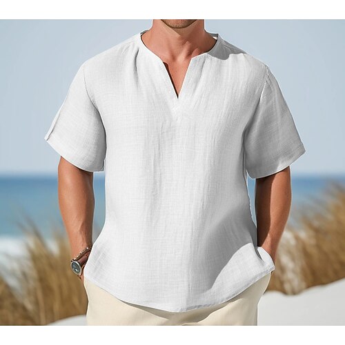 Herren T-Shirt Leinen-T-Shirt Kurze Ärmel V Ausschnitt Sommer Einfach Mode Designer Basic Weich Urlaub Straße Alltagstauglich Hellblau Weiß Rosa Top T-Shirt für Herren Image