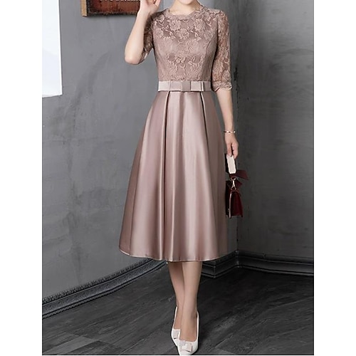 Damen Midikleid Spitzenkleid Partykleid Cocktailkleid Satinkleid Mode Party Modern Urlaub Hochzeitsgast Geburtstag Schlank Einfarbig Halbarm Rundhalsausschnitt Graues Rosa Blau Braun Grün Frühling Image