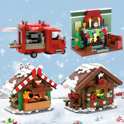MOC Winter Countryside Christmas Decorate Building Block Set Christmas Cabin Coffee Cart Hot Drinks