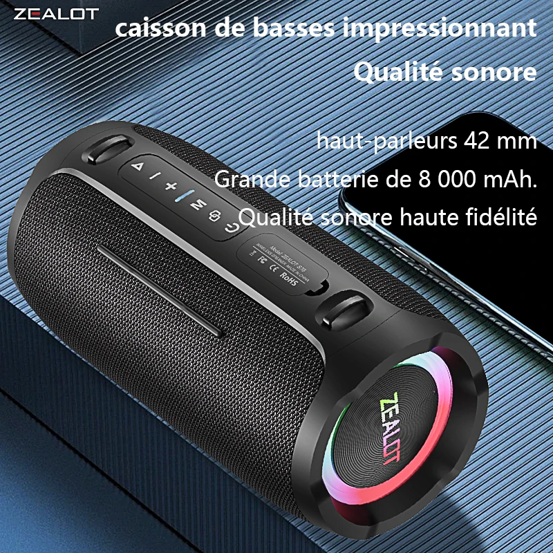 Enceintes sans fil ZEALOT S76 50W, qualité sonore HiFi, enceinte sans fil avec éclairage RGB, batterie 8000mAh, 24 heures d