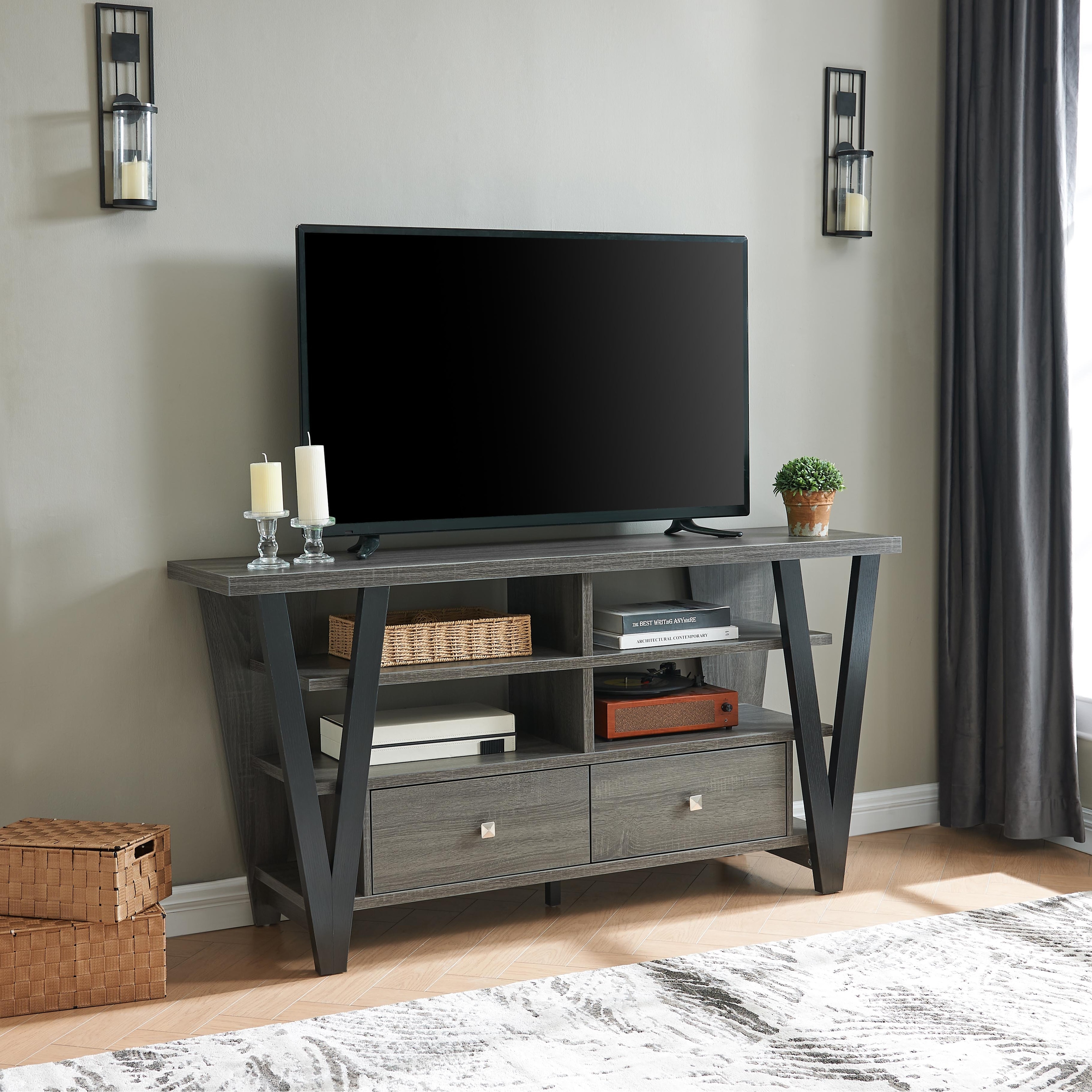 Tall TV Stand Cabinet With Two Drawers On Metal Glides Metal Square Knob Handles And Two Divided Shelf Tiers