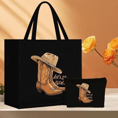 TEMU 2pcs Let' Girls Pattern Tote Bag Set - Lightweight Burlap With Adorable Coin Purse - Shopping, Travel & Beach - & Image