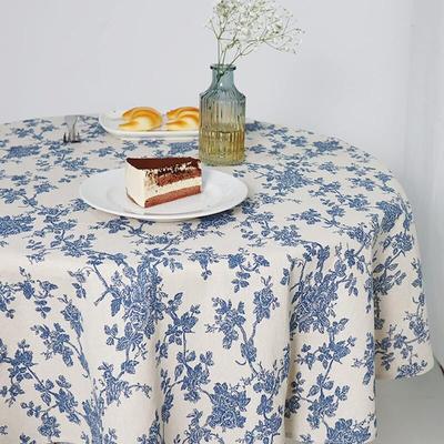 Pastorale Blumen-Tischdecke aus blauem Baumwollleinen, 140 cm, runde Tischdecke im Landhausstil für Image