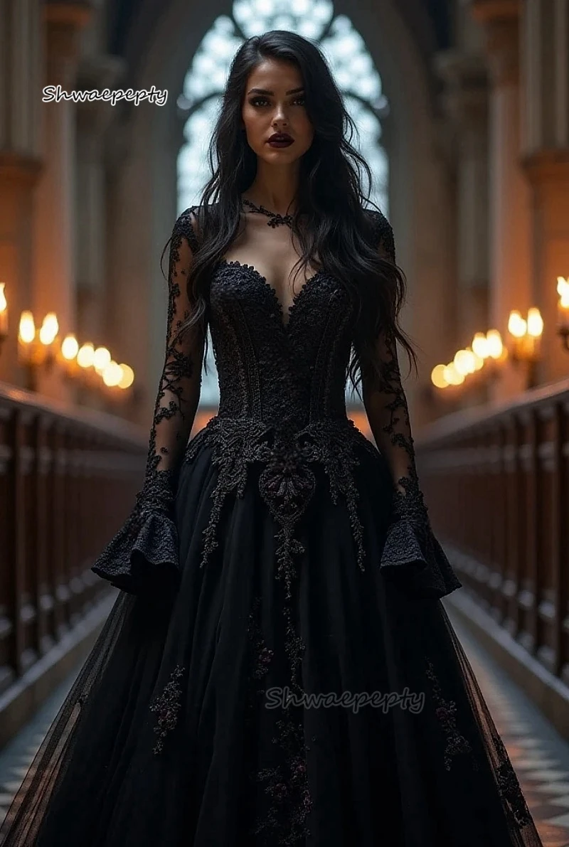 Gothic Schwarzes Hochzeitskleid mit langen Ärmeln, A-Linie, langes Tüll-Brautkleid, Spitzenapplikation, Perlenkorsett, Vintage-Brautkleid, individuell gestaltet