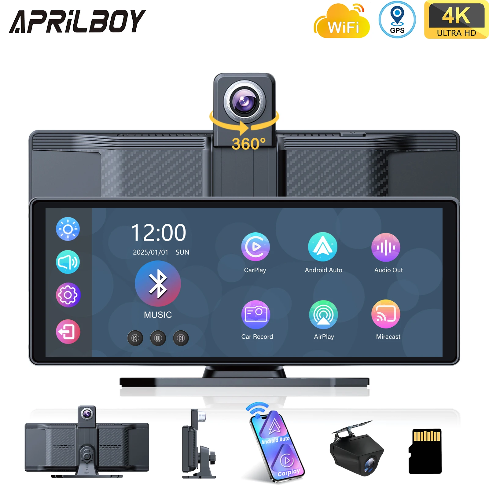 April boy 10.26 "Auto intelligenten Bildschirm mit 4k 360 ° Rotation Dash Cam Wireless Carplay & Android Auto Aux FM Bluetooth WiFi Image