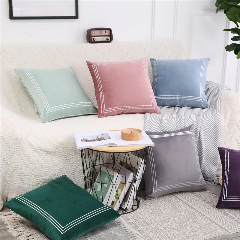 Solider dekorativer Samt-Kissenbezug für Zuhause, Vintage-Stickerei, Rosa, Lila, Mintgrau, Blau, Kissenbezug für Zuhause, Sofa, Bett, 45 x 45 cm Image
