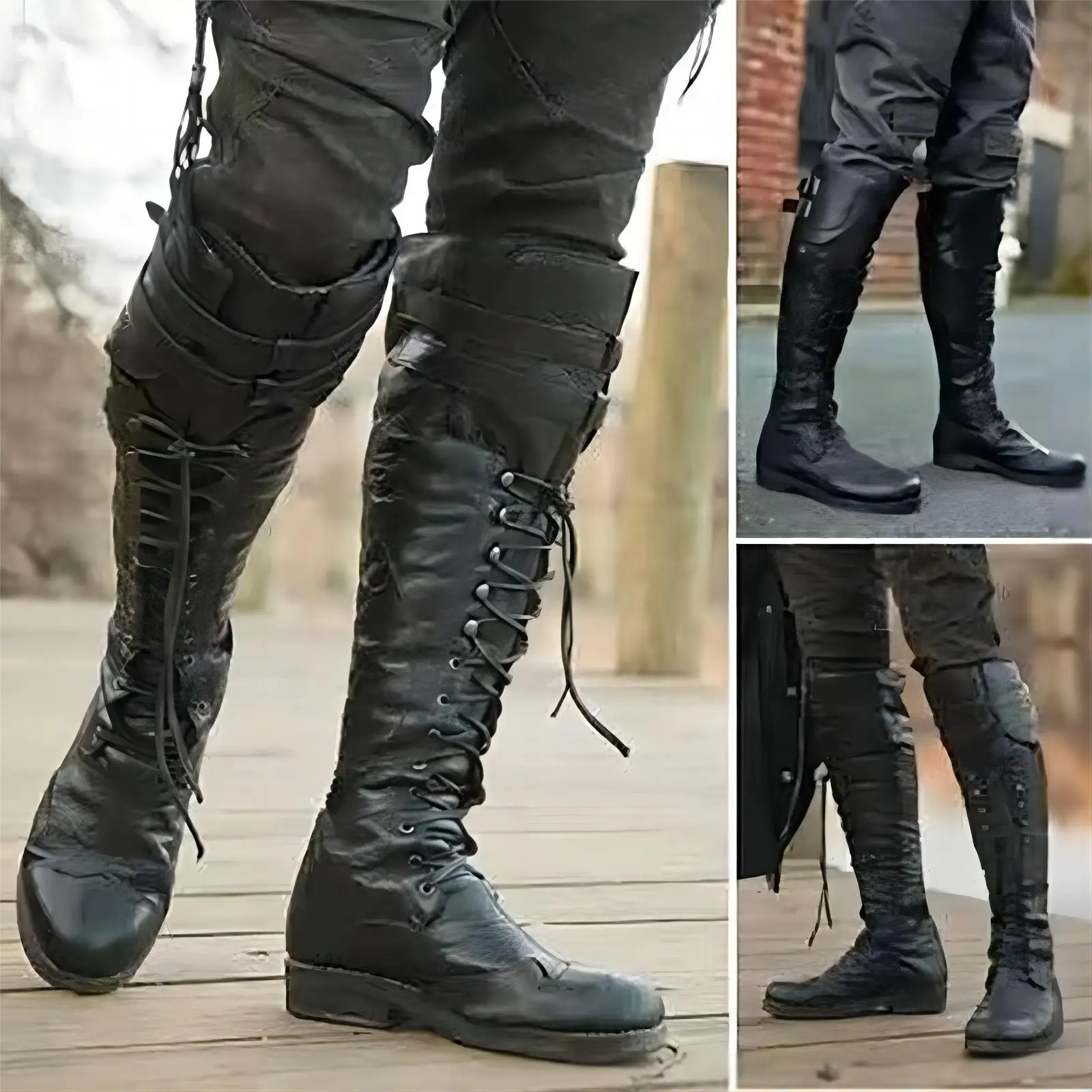 Vintage Mittelalter Steampunk Cosplay Schwarze Stiefel Herren Winter Wikinger Pirat Pu Leder Schuhe Karneval Party Fancy Knight Stiefel