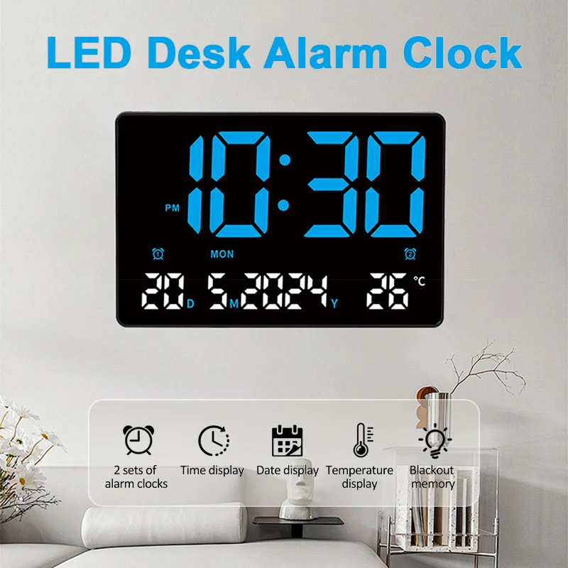 LED-Digital-Wanduhr, 12 Stunden/24 Stunden, Datum, Temperatur, Woche, zwei Sätze Alarme, Schreibtisch-Wecker, elektronische kleine Uhr für Kinderzimmer