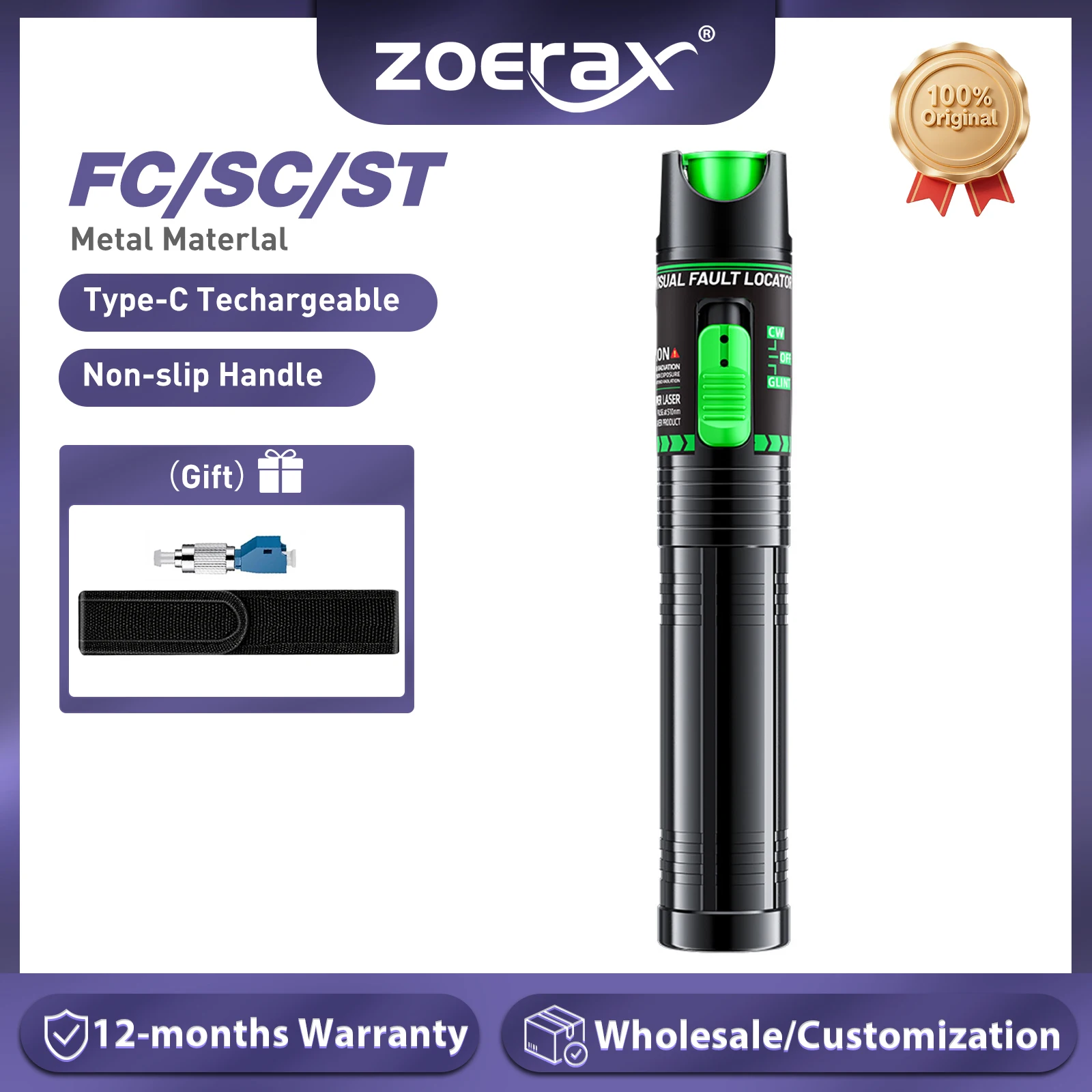 ZoeRax 30/15 mW Glasfaser-Visual-Fehlerortung, wiederaufladbarer FC/LC-Adapter, grüner/roter Lichtstift Typ C (5 MW, keine Batterie im Lieferumfang enthalten) Image