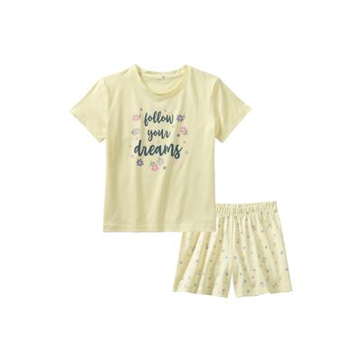 Schlafanzug BUFFALO, Kinder, Gr. 158/164, gelb, Single Jersey, Obermaterial: 100% Baumwolle, bedruckt, casual, Rundhals, Kurzarm abgesteppte Kante, Homewear-Sets, mit Blümchen Print Image