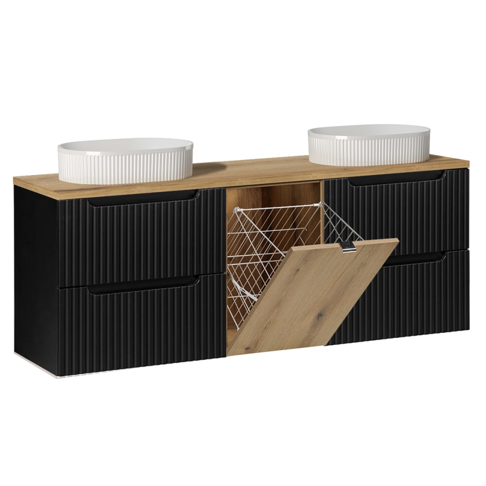 Meuble double vasque 1 panier à linge stratifiés noir et beige