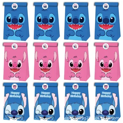12Pcs Stitch Theme Gift Bag Stitch Animation Pattern Birthday Party Candy Gift Kraft Paper Bag Birthday Gift Box Bag Stickers
