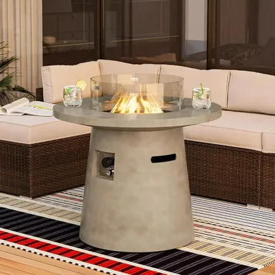 Outdoor Propane Fire Pit Table, 31.5" Round Concrete Gas Fire Table, 40,000 BTU Burner w Lava Rocks