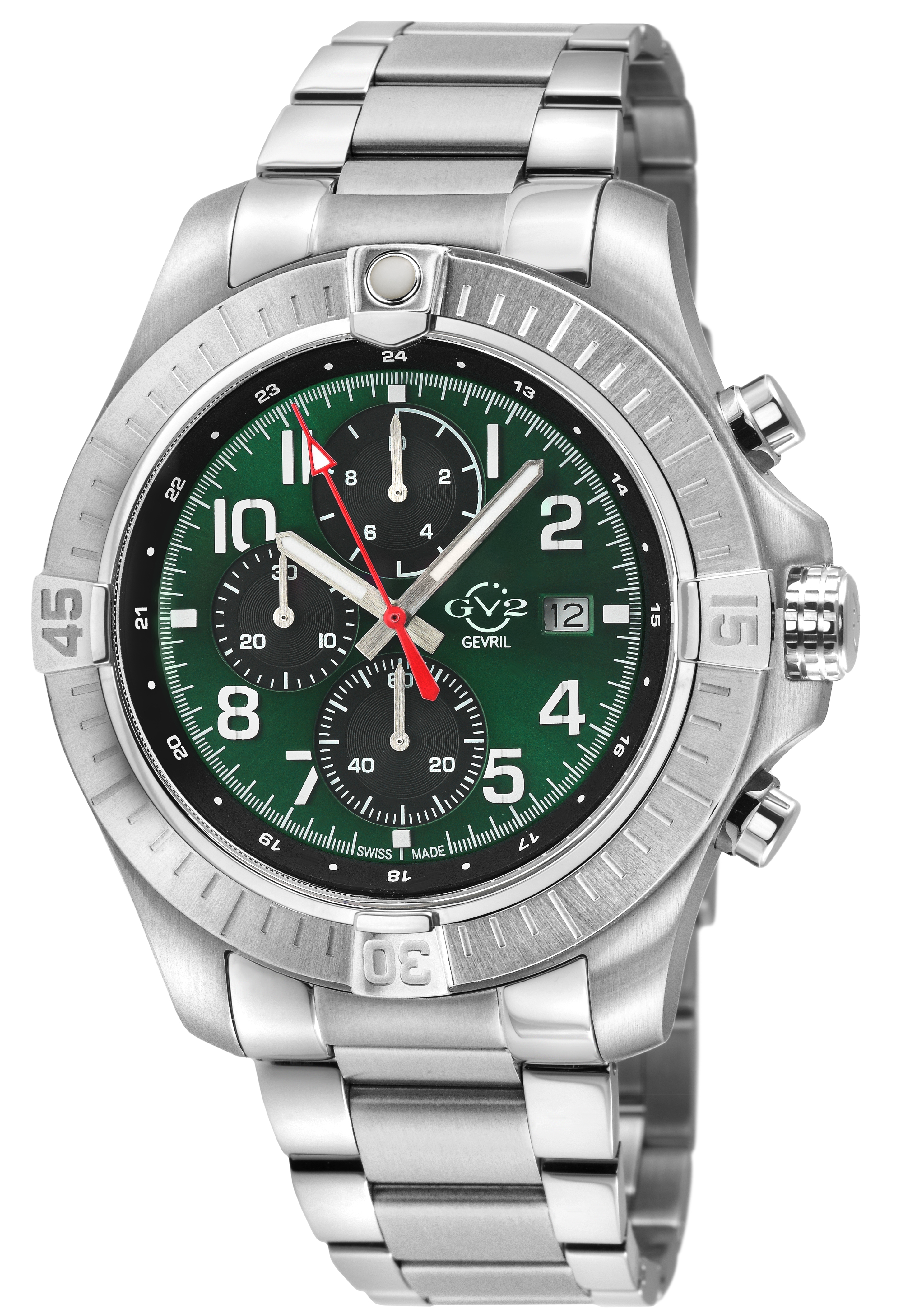 Gv2 Mens T38 SS Case, Enamel Green Dial With White Print, 3 Black sub 316L Staineless Steel Bracelet Watch. - Silver - One Size