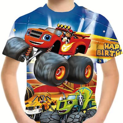 TEMU Casual 's Wear| Boys' Vibrant Monster Truck Birthday Tee - 100% Polyester, Short Sleeve, Summer Casual Top With Cartoon Vehicles, Round Neck - Image